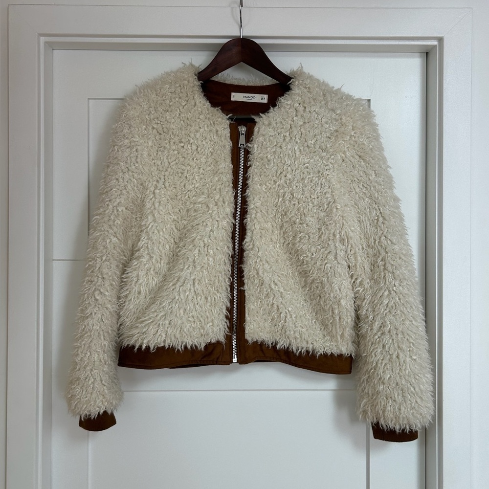 Mango Cream Faux Shearling Jacket with Brown Trim
